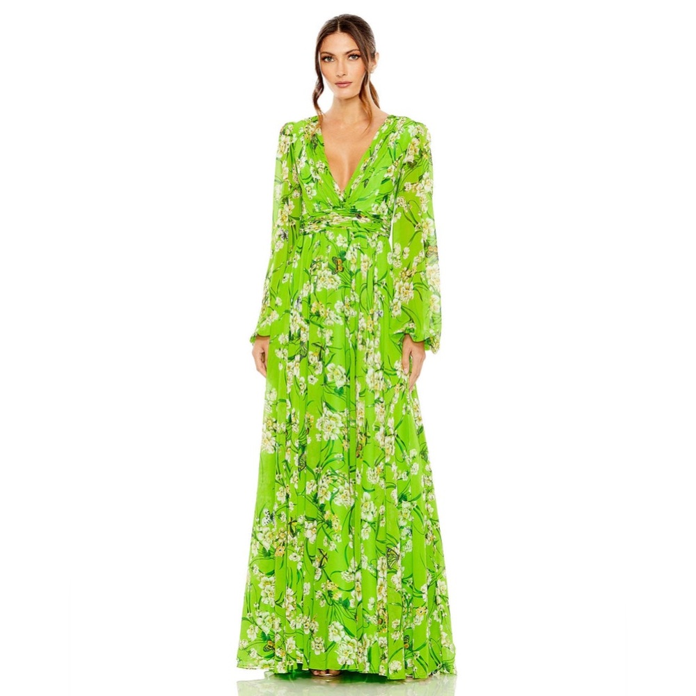 Mac DuggalPUFF SLEEVE FLORAL CHIFFON GOWN